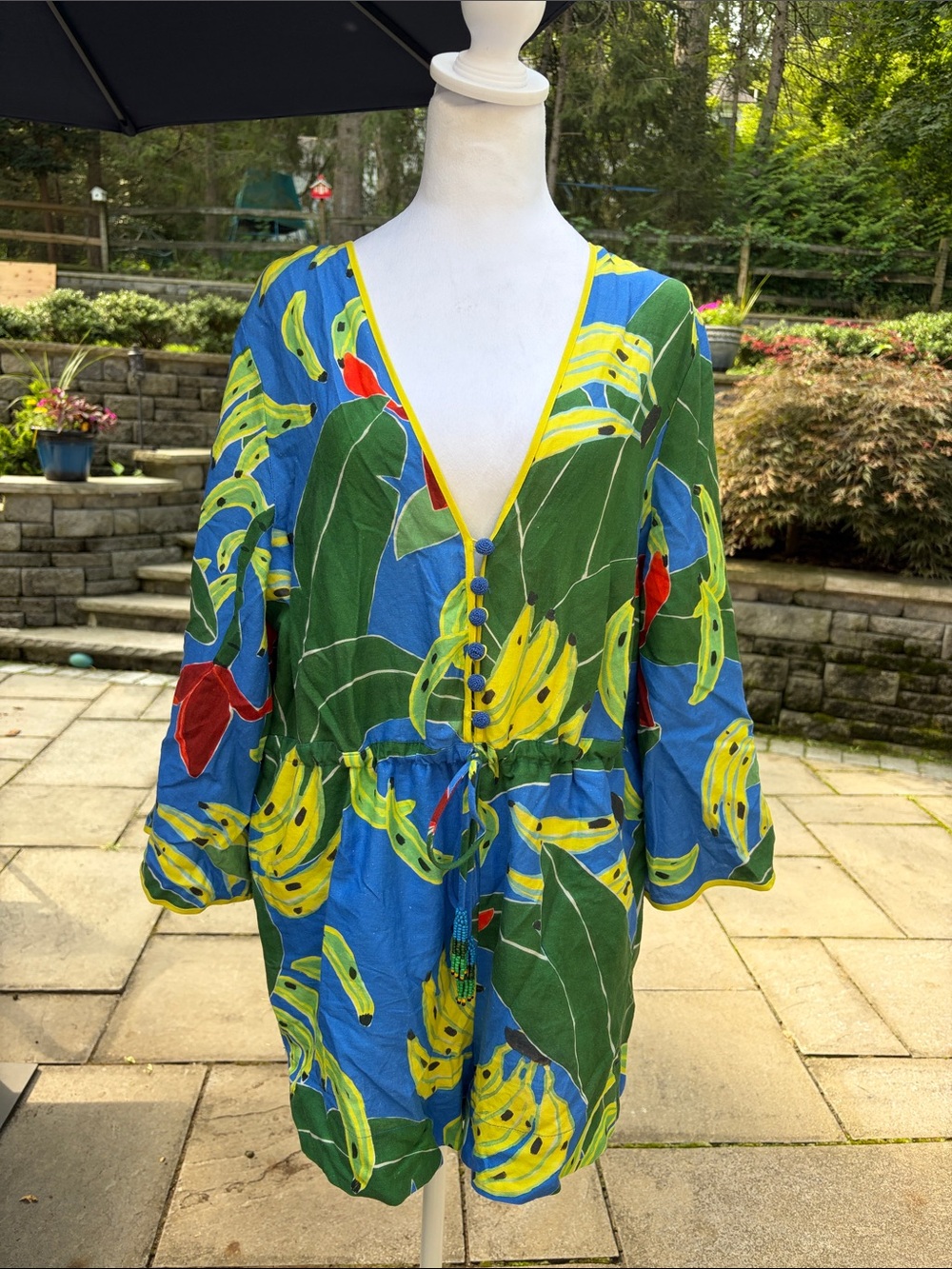 Farm Rio NWT Blue Banana Leaves Tropical V-Neck Drawstring Linen Romper, size L - Picture 10 of 14